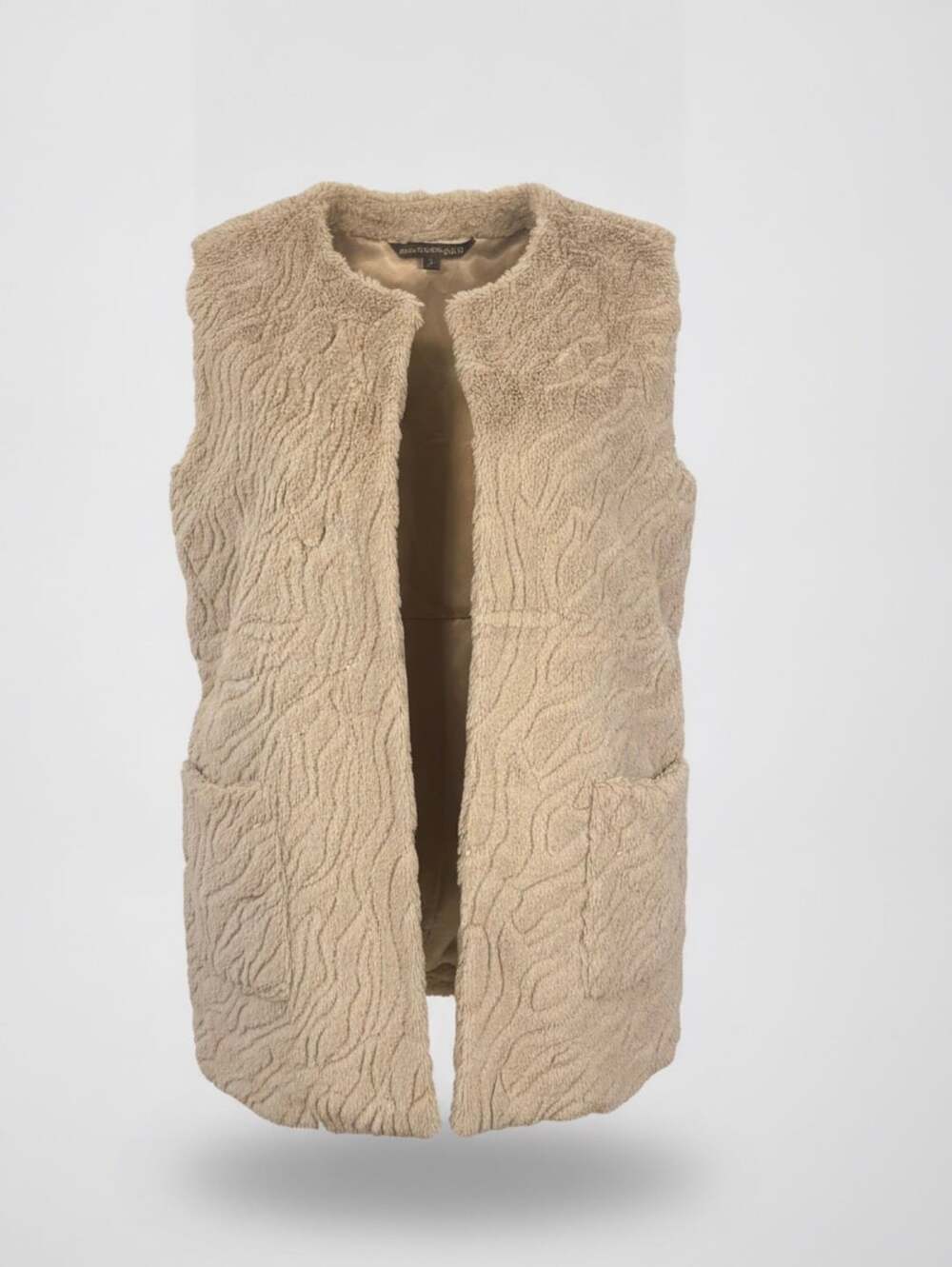 Plushkaby Sienna Rose Vest Size L Beige Faux Fur Open Front Sequin